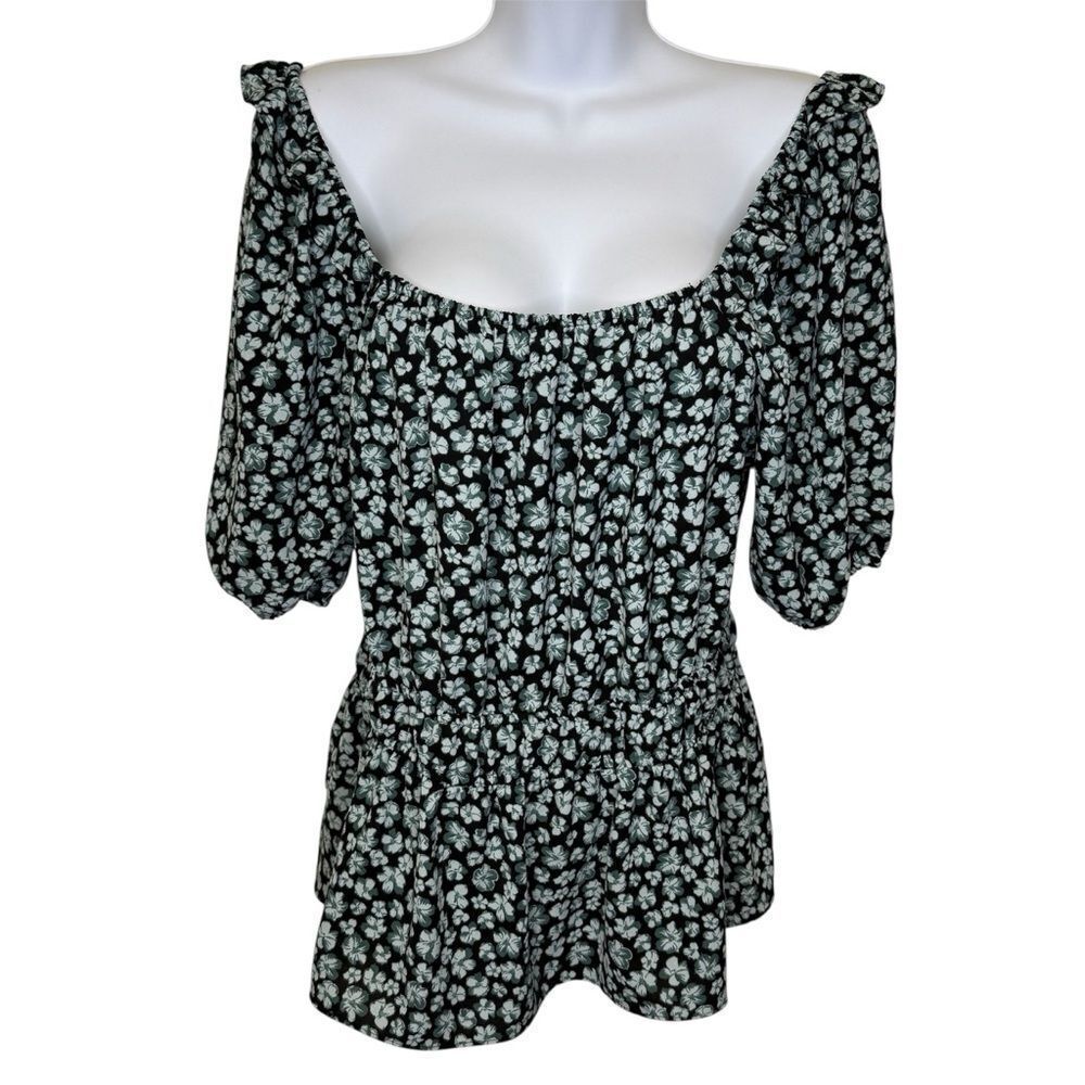 Nine West Peplum Short Balloon Sleeve Blue and White Floral Top Blouse Size L